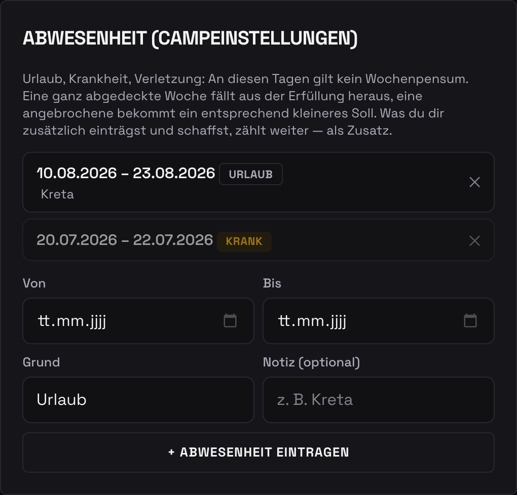 Abwesenheit eintragen: Zeitraum von–bis mit Grund