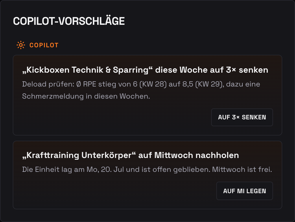Zwei Copilot-Karten mit Begründung und einem Knopf zum Umsetzen