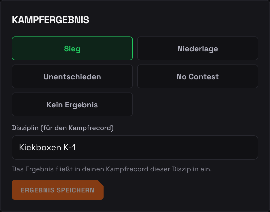 Kampfergebnis-Auswahl: Sieg, Niederlage, Unentschieden, No Contest oder Kein Ergebnis