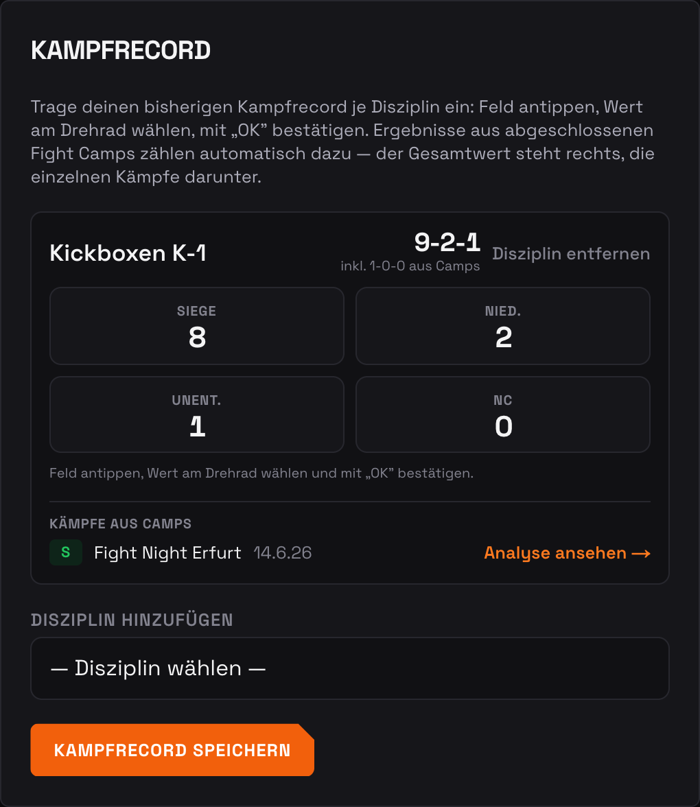 Kampfrecord je Disziplin mit antippbaren Zählfeldern und darunter der Kampfliste aus Camps