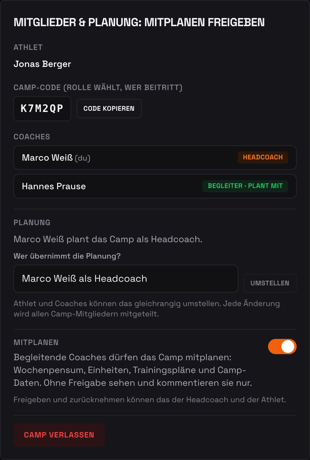 Der Bereich „Mitglieder & Planung" mit dem neuen Schalter „Mitplanen": der begleitende Coach trägt das Kennzeichen „plant mit"