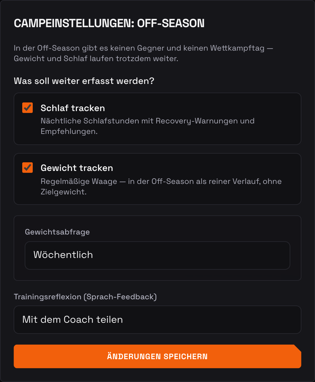 Off-Season-Einstellungen mit den Schaltern „Schlaf tracken“ und „Gewicht tracken“