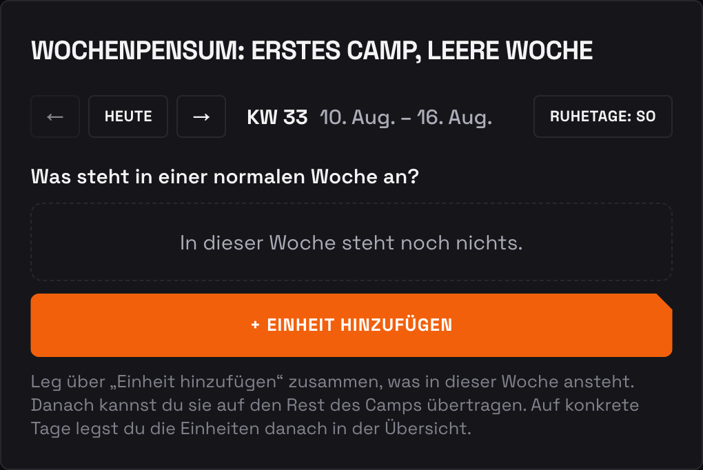 Wochenpensum eines neuen Camps: die Frage „Was steht in einer normalen Woche an?", der Hinweis auf die leere Woche und darunter der Knopf „Einheit hinzufügen"