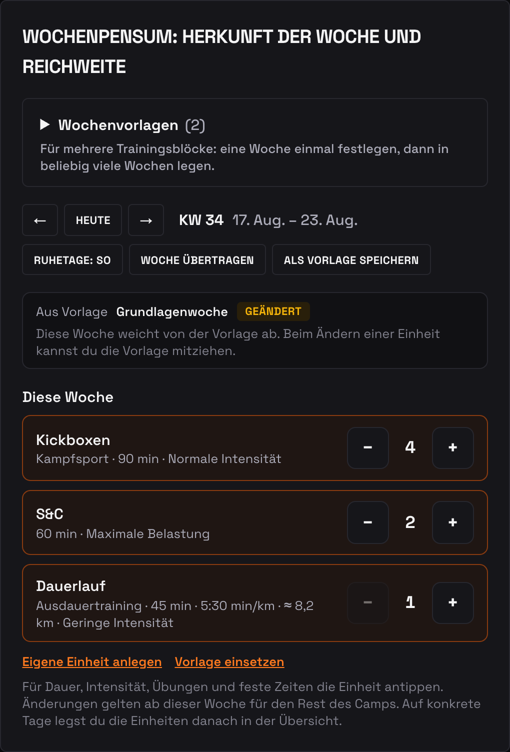 Das Wochenpensum mit der Herkunftszeile „Aus Vorlage Grundlagenwoche · geändert" über den Einheiten der Woche