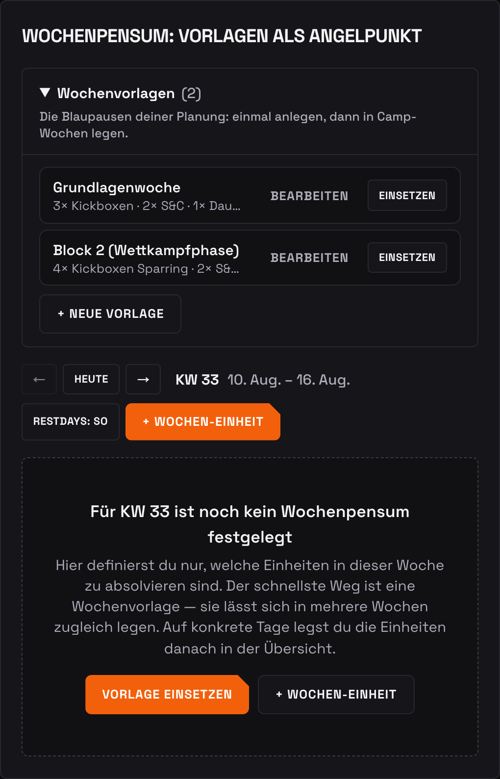 Das Wochenpensum mit dem neuen Vorlagen-Bereich: zwei Wochenvorlagen mit Einsetzen- und Bearbeiten-Knopf, darunter die leere Woche mit dem Hinweis auf den Vorlagen-Weg