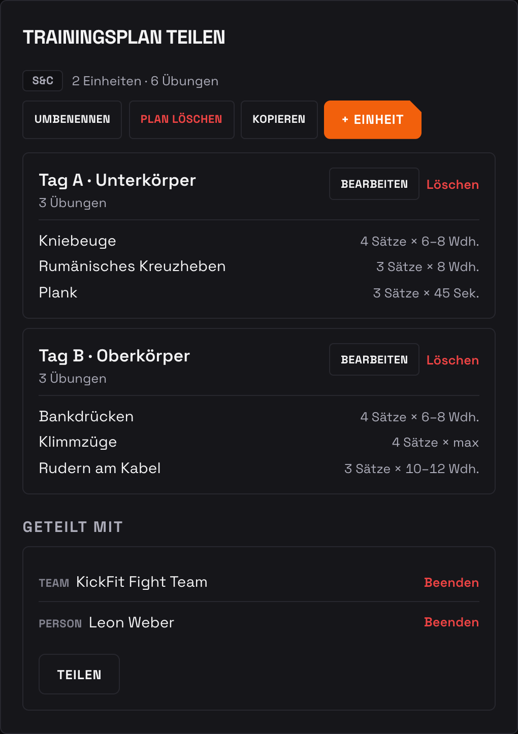 Ein eigener Trainingsplan, geteilt mit einem Team und einer Person