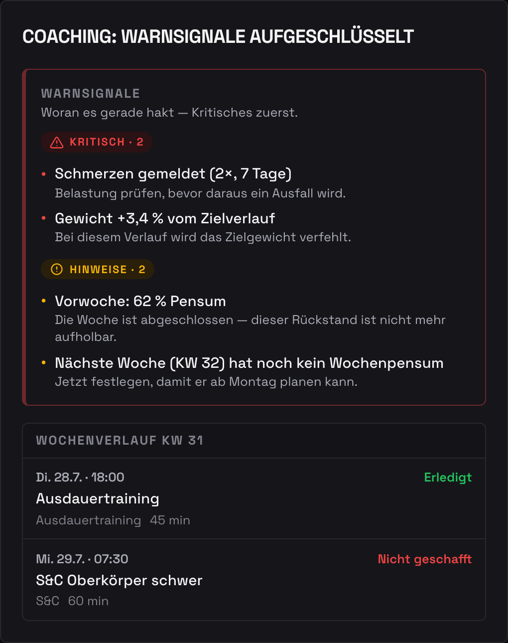 Aufgeschlüsselte Warnsignale mit den Gruppen „Kritisch“ und „Hinweise“