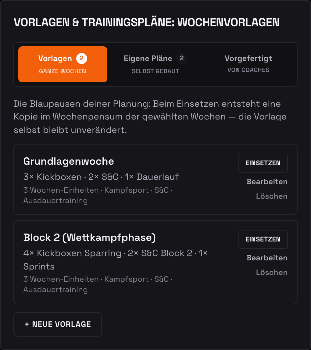 Der Reiter „Vorlagen“ mit einer gespeicherten Wochenvorlage und dem Knopf „Einsetzen“